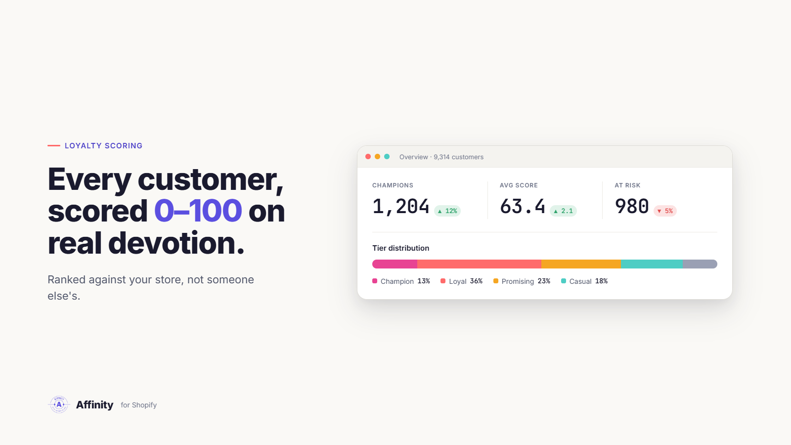 Affinity overview dashboard — champions, average score, at-risk customers, and tier distribution